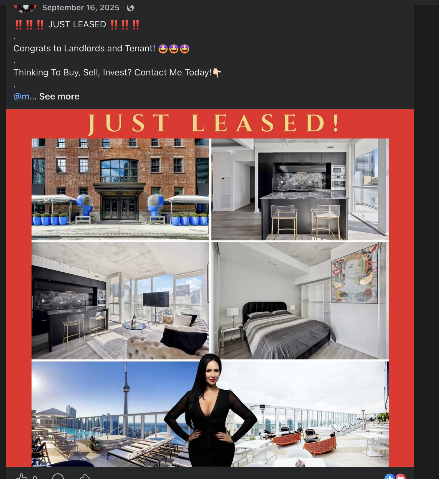 Facebook post showing a just leased downtown residence with interior and terrace photos