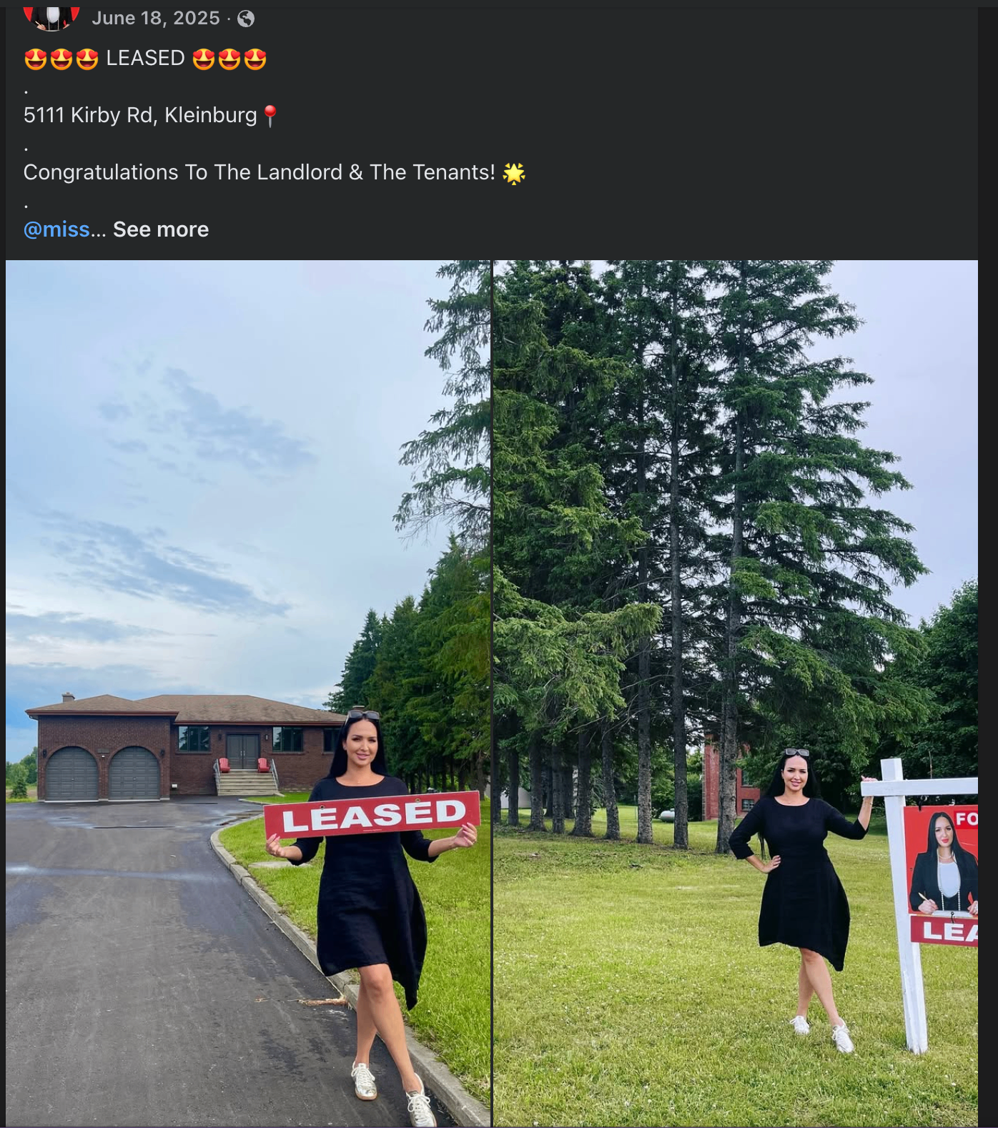 Facebook post showing 5111 Kirby Road leased in Kleinburg